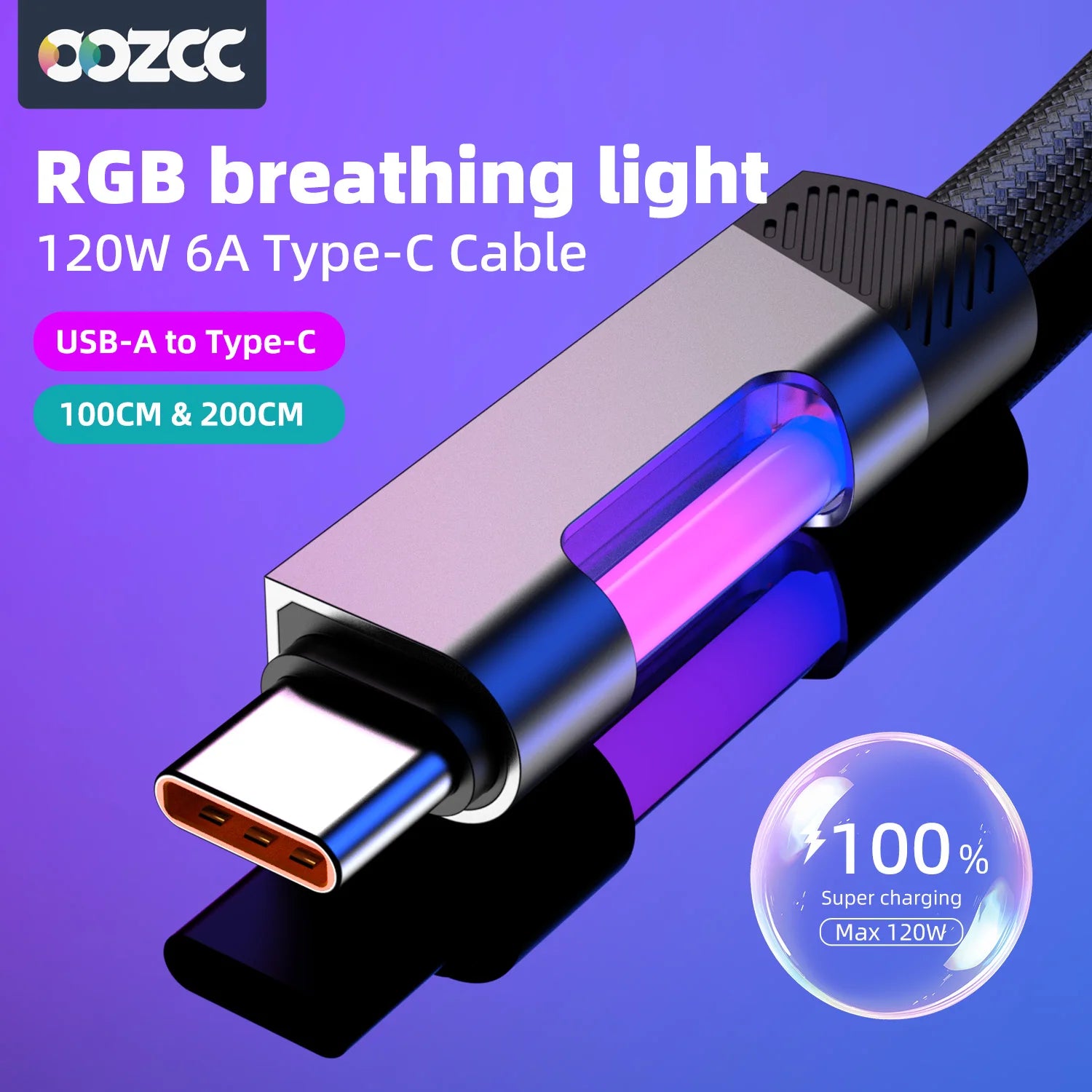 RGB Fast Charging Cable 120W 6A USB Type C Charge Cable with RGB Ambient Light Raynovia