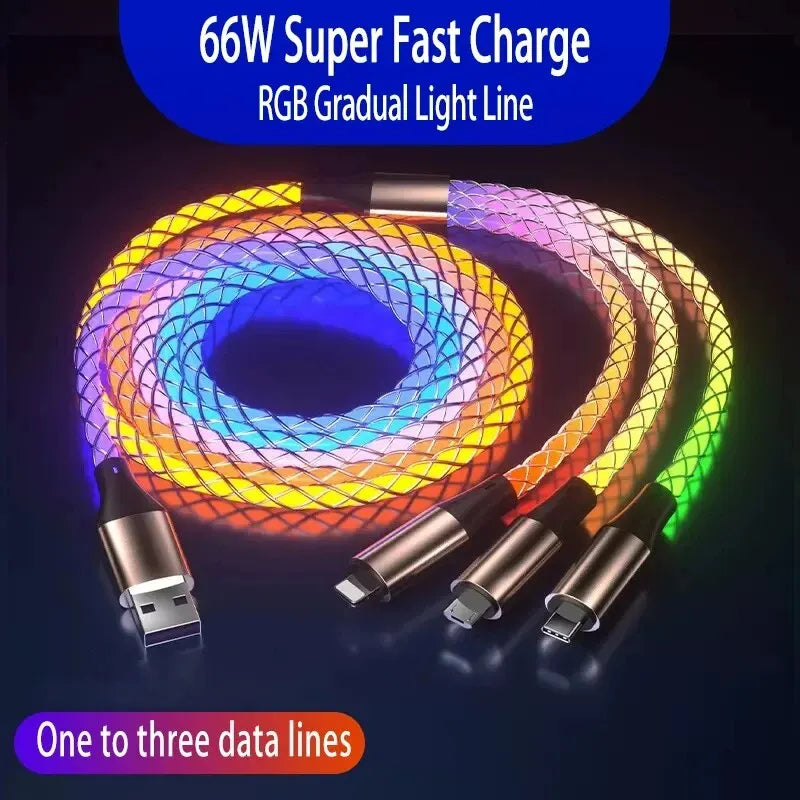 6A Super Fast Charging Colorful Light Data Cable A Drag Three RGB Breathing Gradient Car Charging Cable USB 3 In 1 Universal Raynovia
