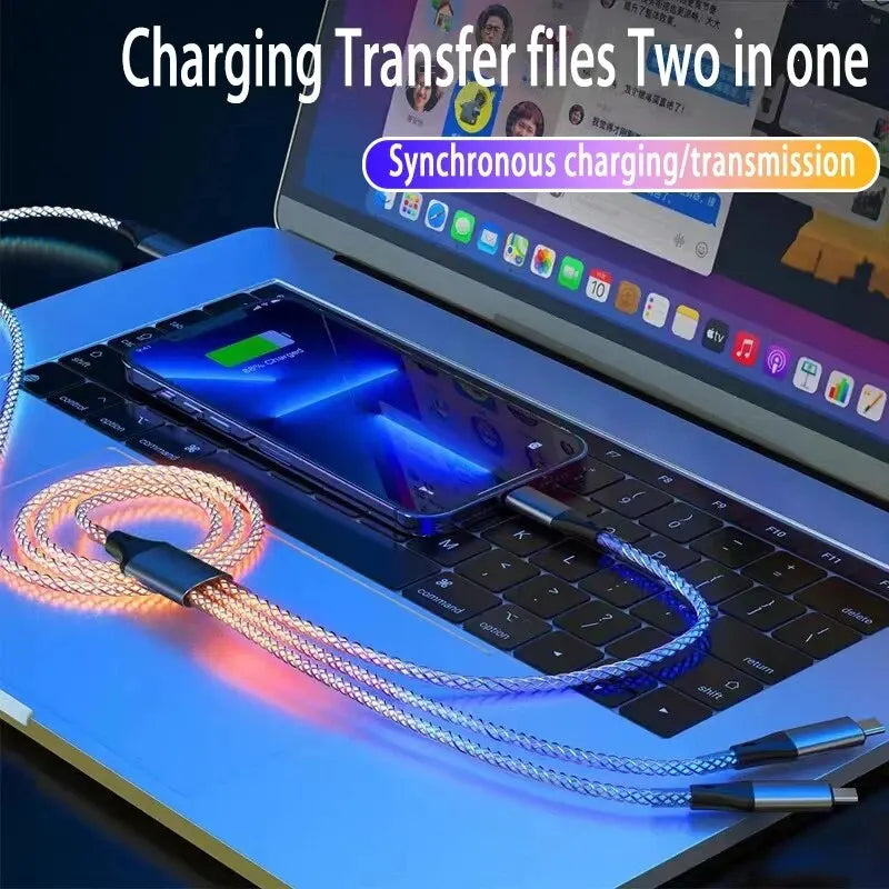 6A Super Fast Charging Colorful Light Data Cable A Drag Three RGB Breathing Gradient Car Charging Cable USB 3 In 1 Universal Raynovia