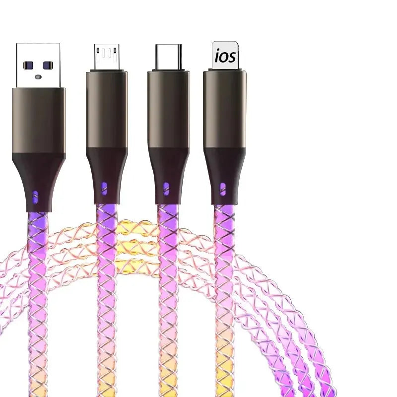 6A Super Fast Charging Colorful Light Data Cable A Drag Three RGB Breathing Gradient Car Charging Cable USB 3 In 1 Universal Raynovia
