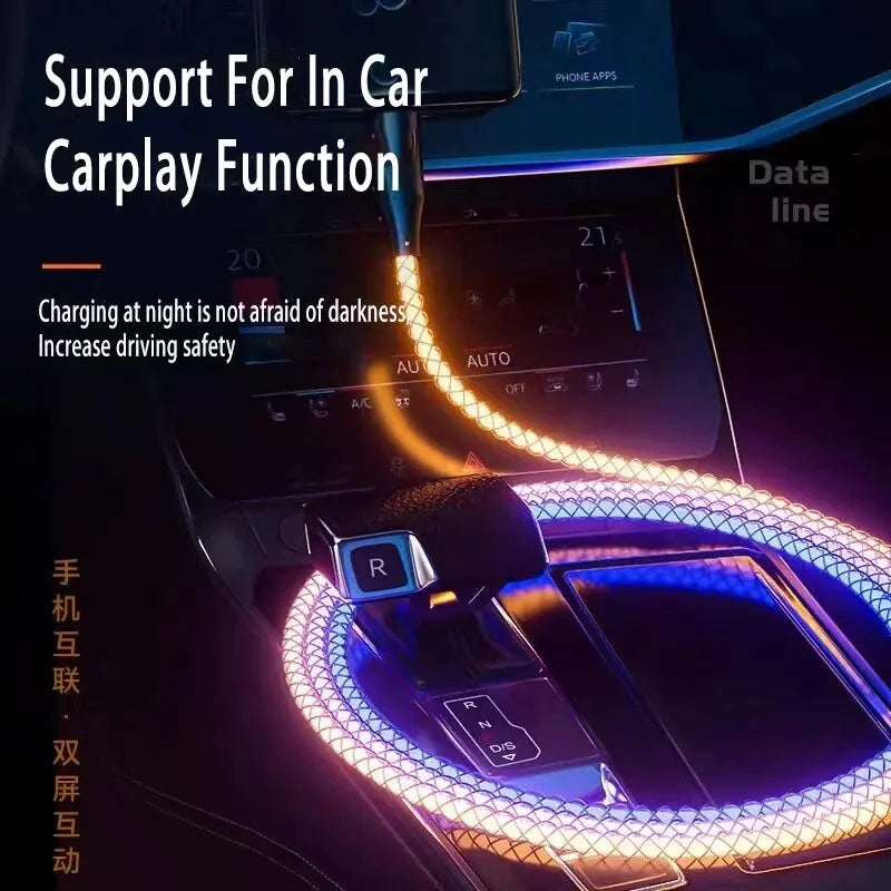 6A Super Fast Charging Colorful Light Data Cable A Drag Three RGB Breathing Gradient Car Charging Cable USB 3 In 1 Universal Raynovia