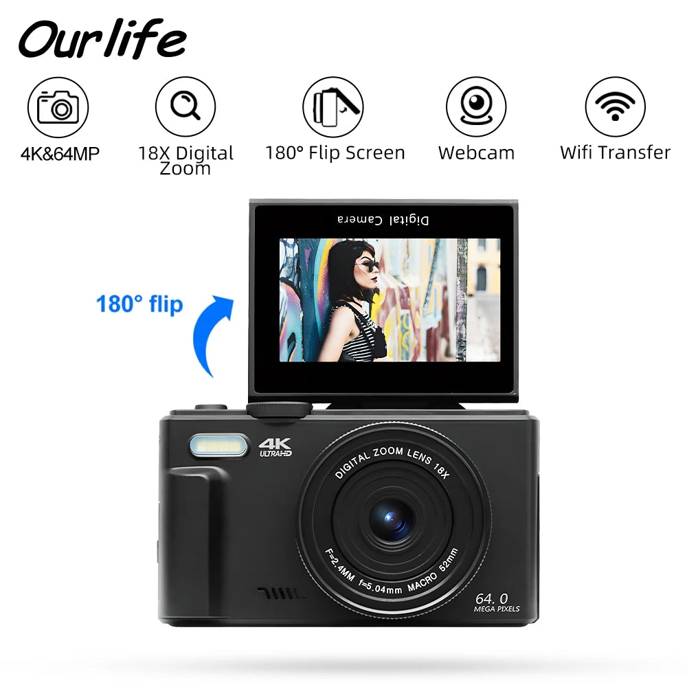 Compact Digital Photography Camera 4K 18X Digital Zoom Vintage Vlog Video Recorder YouTube 180° Flip Screen Selfile WiFi Web Cam Raynovia