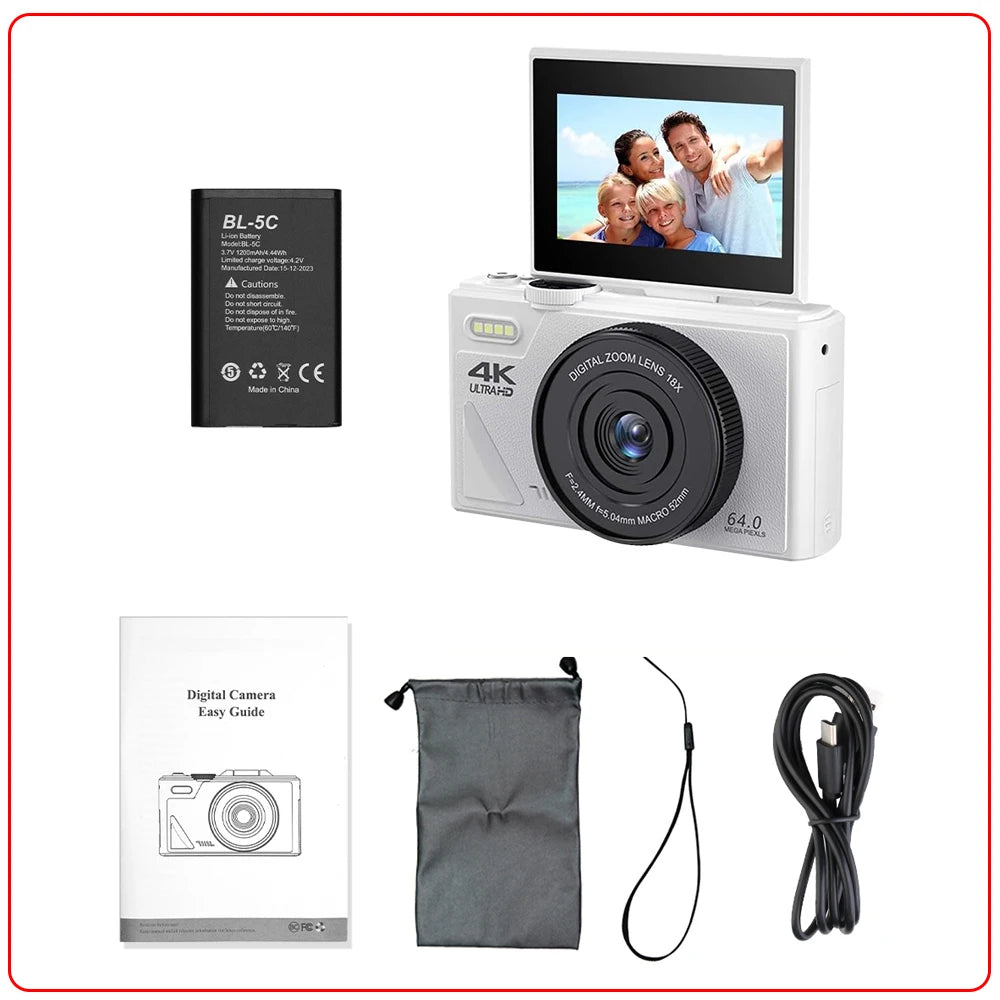 Compact Digital Photography Camera 4K 18X Digital Zoom Vintage Vlog Video Recorder YouTube 180° Flip Screen Selfile WiFi Web Cam Raynovia