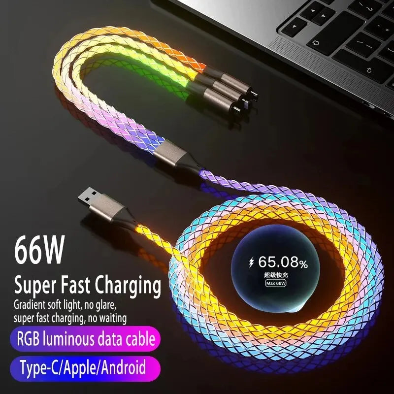 6A Super Fast Charging Colorful Light Data Cable A Drag Three RGB Breathing Gradient Car Charging Cable USB 3 In 1 Universal Raynovia