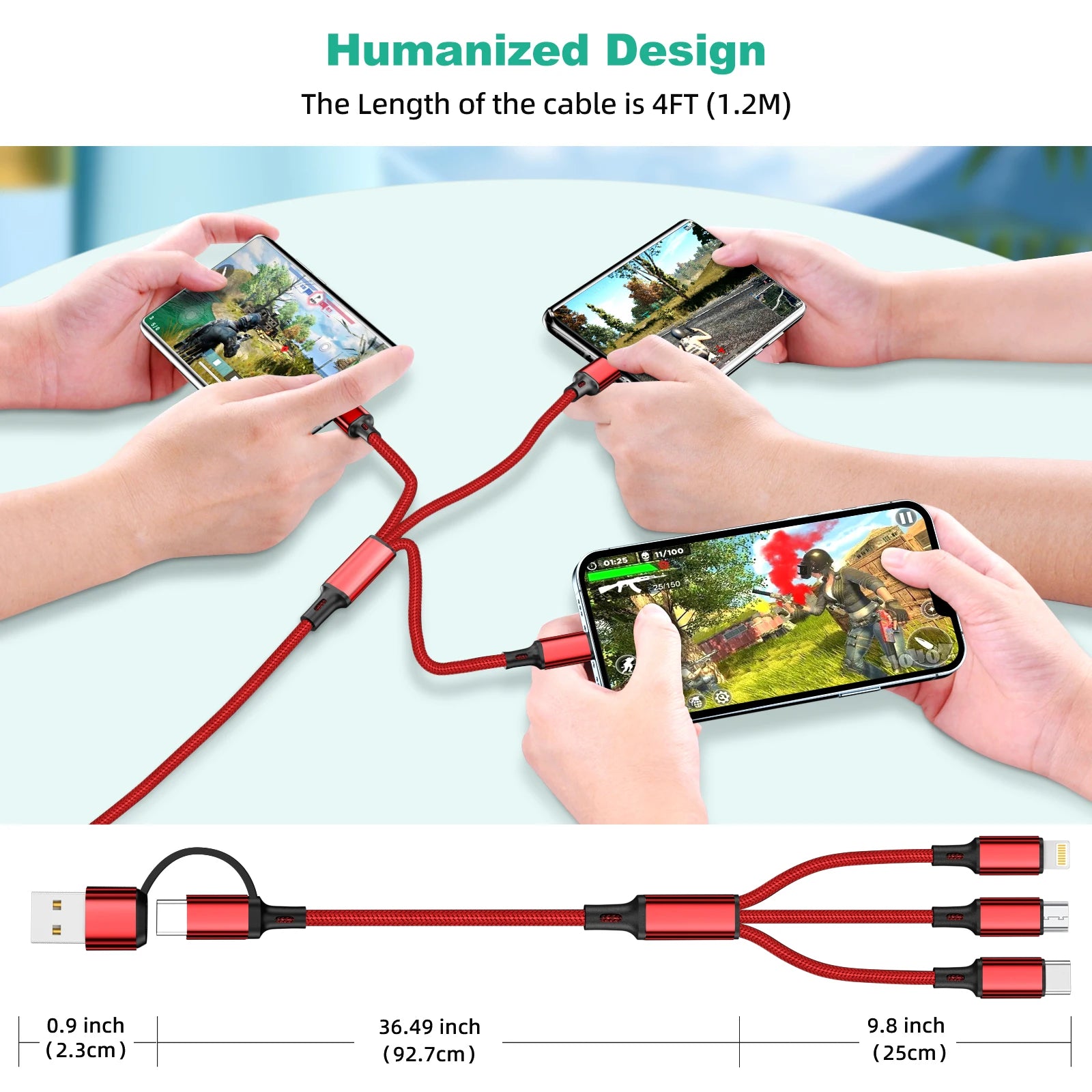 ANKNDO 3 In 1 Fast Charging Cord For Micro USB Type C Charger Cable 1.2m Multi Usb Port Multiple Usb Charging Cord Raynovia