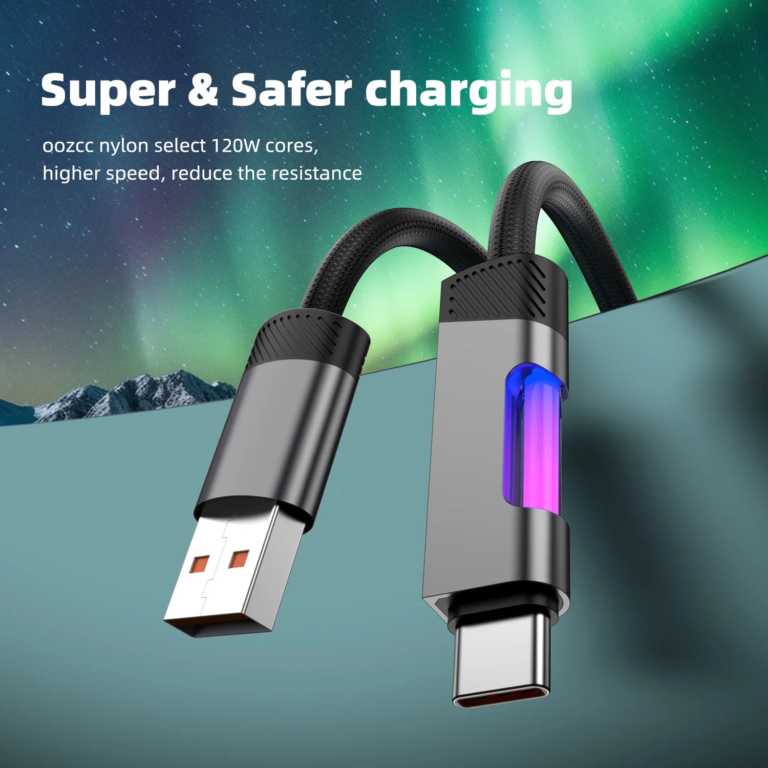 RGB Fast Charging Cable 120W 6A USB Type C Charge Cable with RGB Ambient Light Raynovia