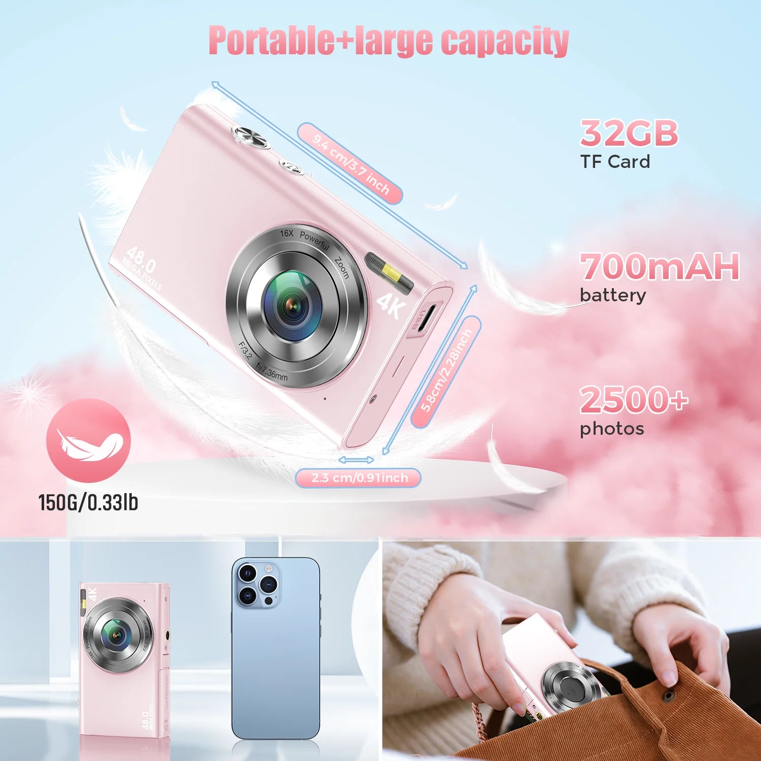 4K Digital Camera Autofocus Vlogging Camera HD 48MP with 2.8" Large Screen Camcorder Camera for Photography for Kid Adult Raynovia