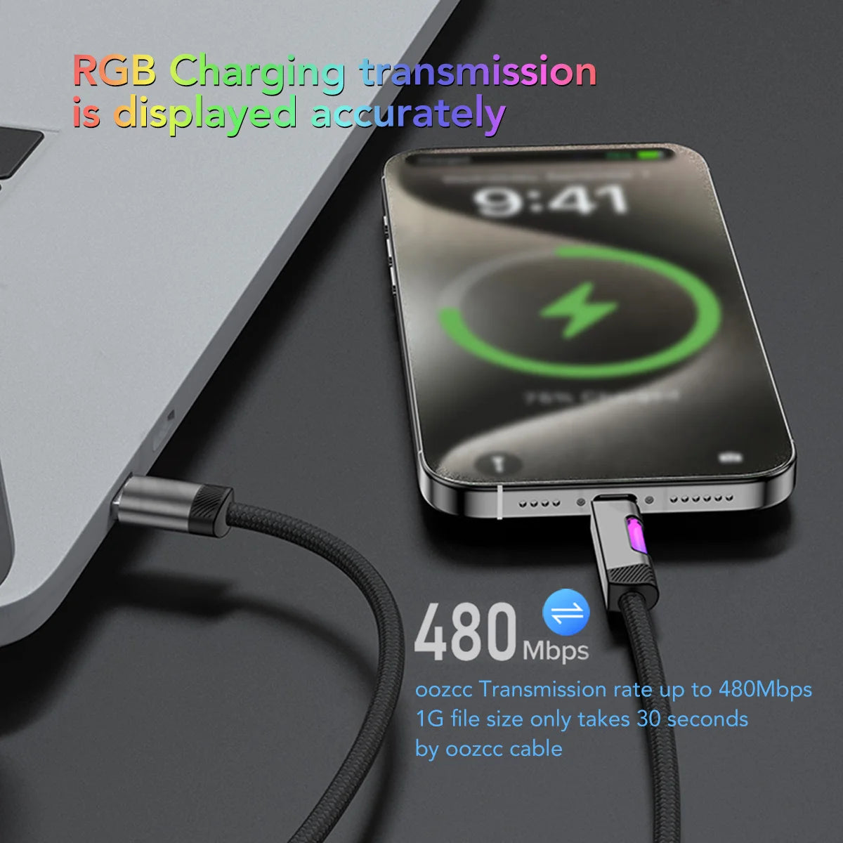 RGB Fast Charging Cable 120W 6A USB Type C Charge Cable with RGB Ambient Light Raynovia