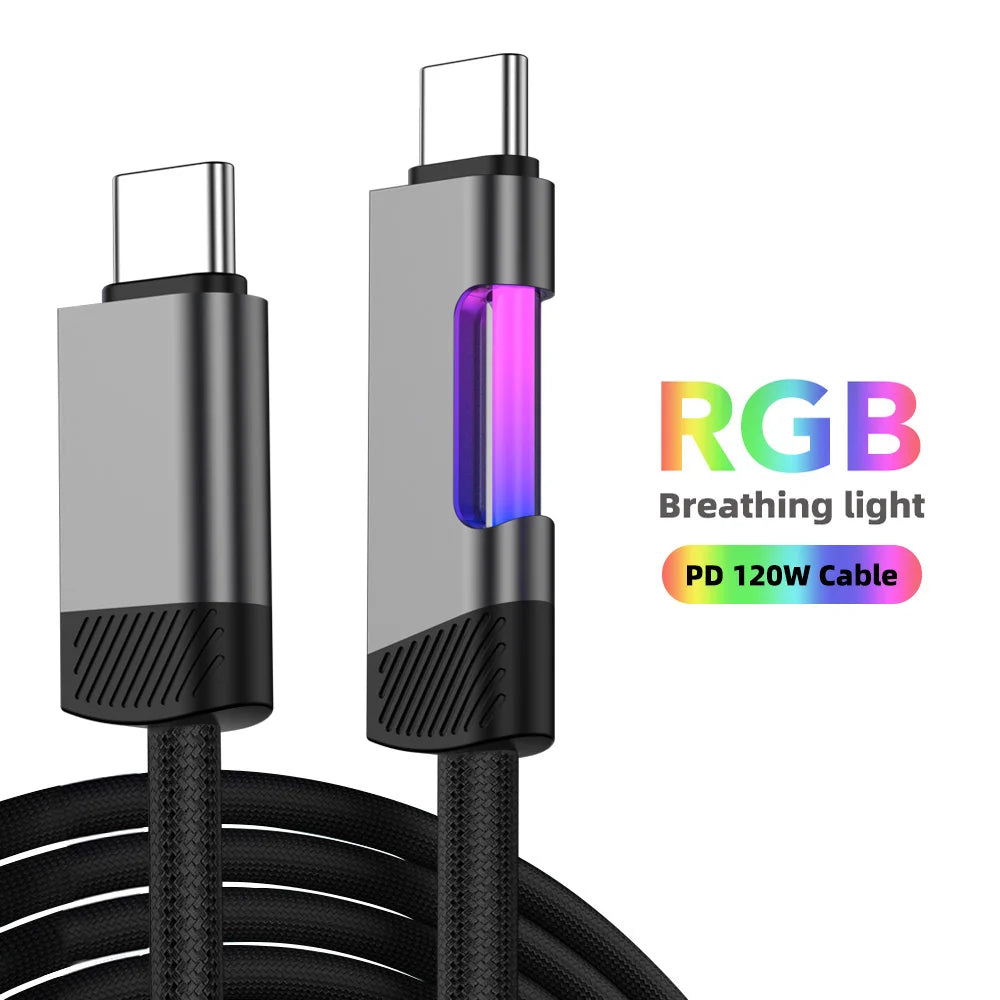 RGB Fast Charging Cable 120W 6A USB Type C Charge Cable with RGB Ambient Light Raynovia