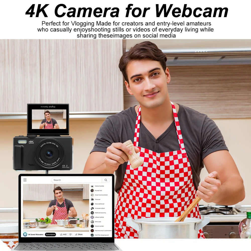 Compact Digital Photography Camera 4K 18X Digital Zoom Vintage Vlog Video Recorder YouTube 180° Flip Screen Selfile WiFi Web Cam Raynovia