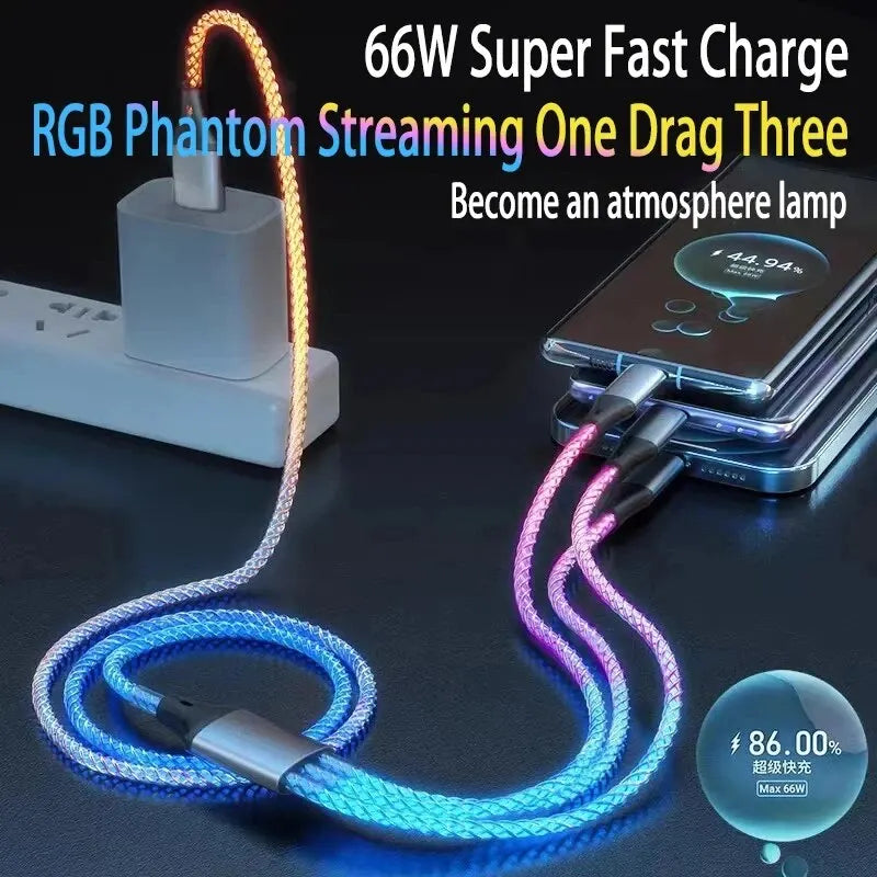 6A Super Fast Charging Colorful Light Data Cable A Drag Three RGB Breathing Gradient Car Charging Cable USB 3 In 1 Universal Raynovia